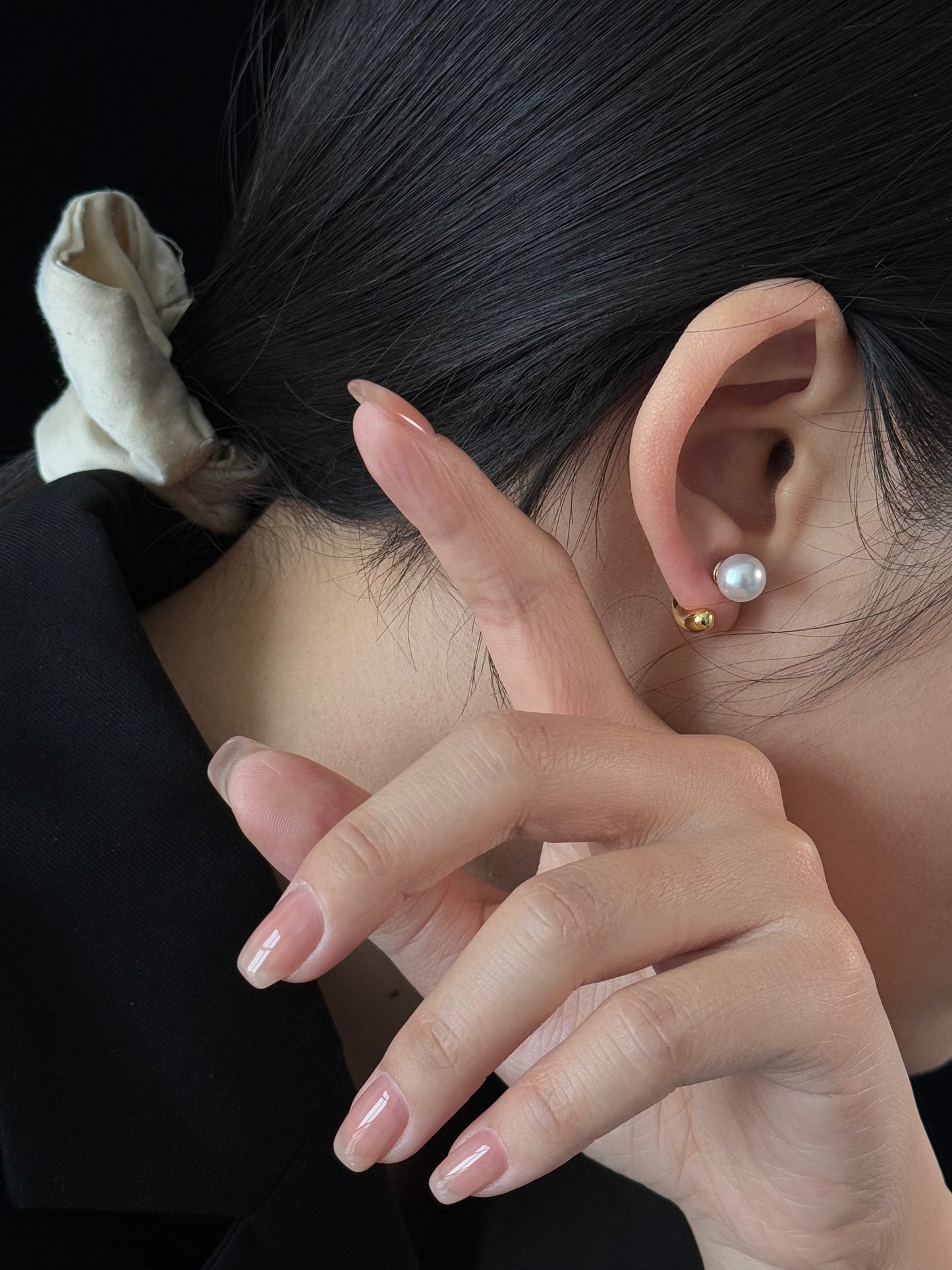 前後留め真珠ピアス「月影繚」