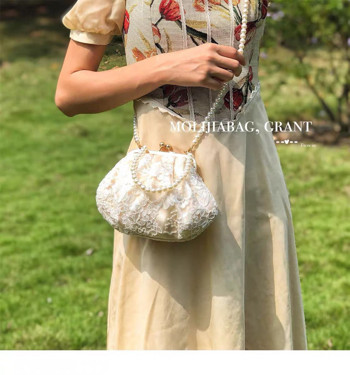 中式白花真珠ハンドバッグ「月下仙(げっかせん)」
