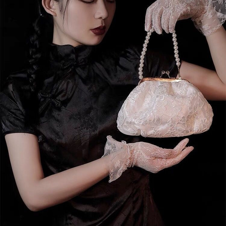 中式白花真珠ハンドバッグ「月下仙(げっかせん)」